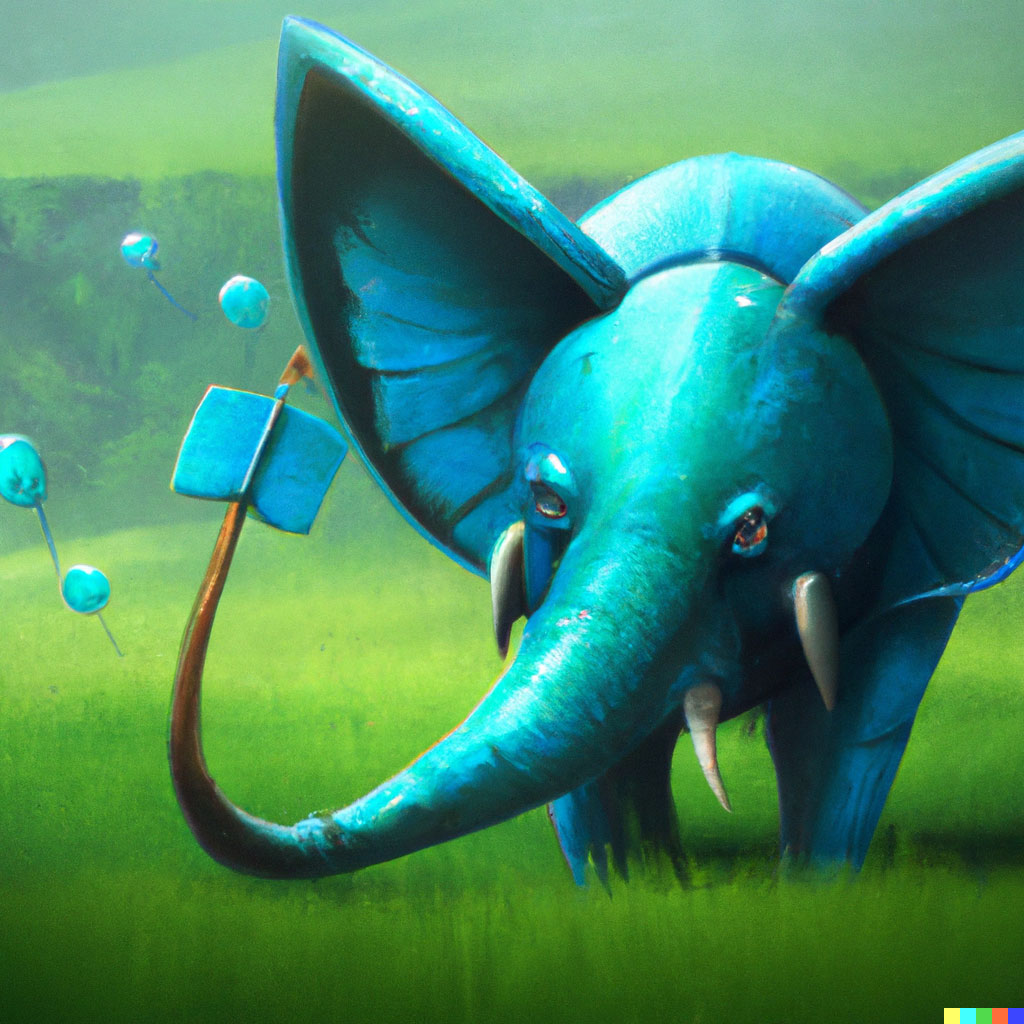 DALL·E prompt: A blue elephant standing on a green field with a bunch of arrows clutched by it's trunk, digital art